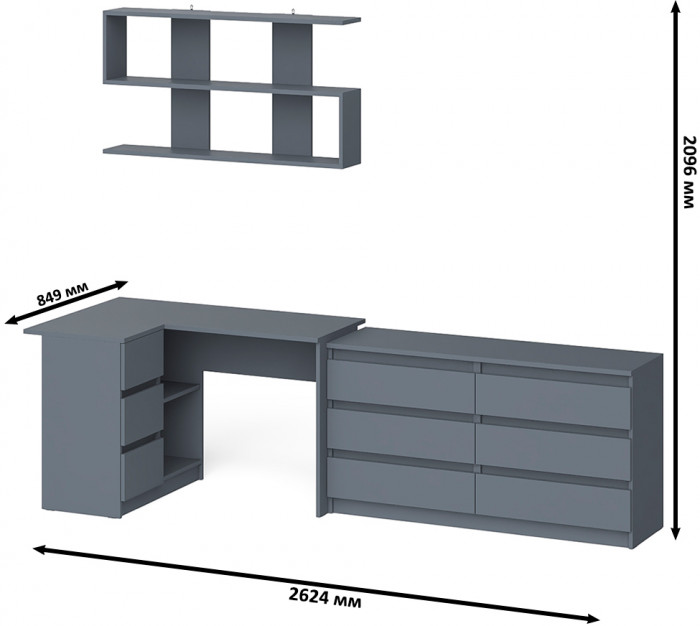Мори компьютерный стол МС-16 левый + Комод МК1380.6 + Полка 1200, графит
