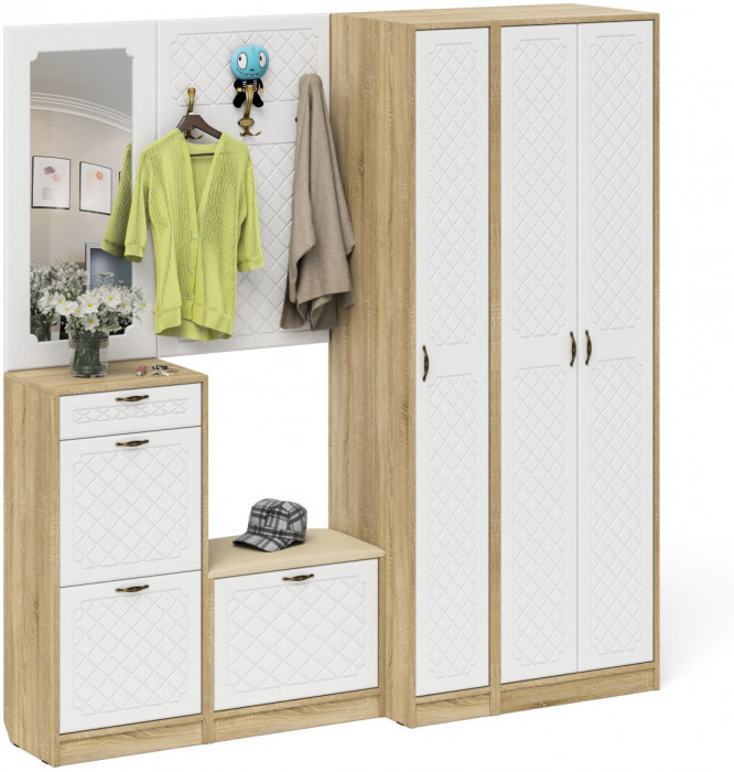 Прихожая П-6 Компоновка № 51, цвет дуб сонома/фасады МДФ белое дерево фрезеровка ромб, ШхГхВ 200х50х210 см., универсальная сборка