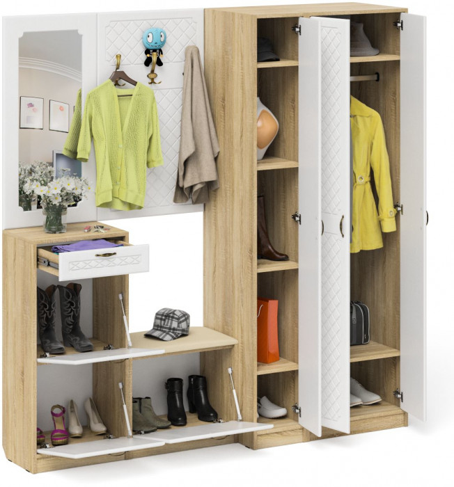 Прихожая П-6 Компоновка № 51, цвет дуб сонома/фасады МДФ белое дерево фрезеровка ромб, ШхГхВ 200х50х210 см., универсальная сборка