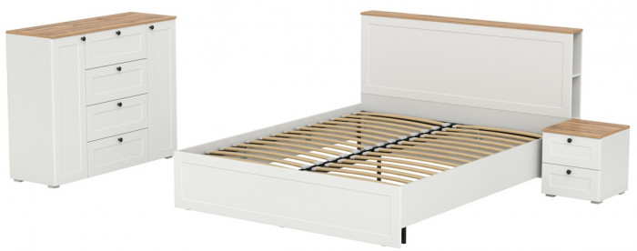Остин 11.53 Кровать + ортопед + 16.152 Тумба прикроватная + 16.221 Комод, белый шагрень/дуб крафт золотой