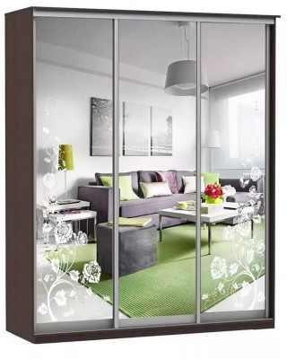 Шкаф купе Модерн 2076х600 3-х дверный 3-х секционный зеркальный с пескоструем №3 венге