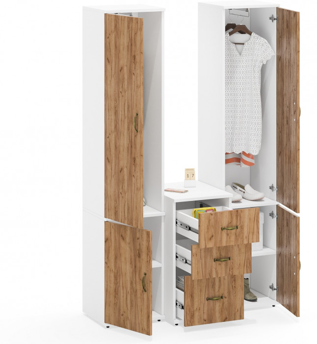 Лидер-8 Пенал МД 21Б + Пенал МД 21Б + Тумба МД 3.16, цвет белый шагрень/крафт золото, ШхГхВ 120х50х190 см., универсальная сборка