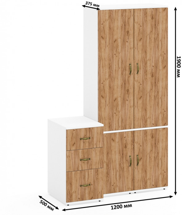 Лидер-8 Пенал МД 21Б + Пенал МД 21Б + Тумба МД 3.16, цвет белый шагрень/крафт золото, ШхГхВ 120х50х190 см., универсальная сборка