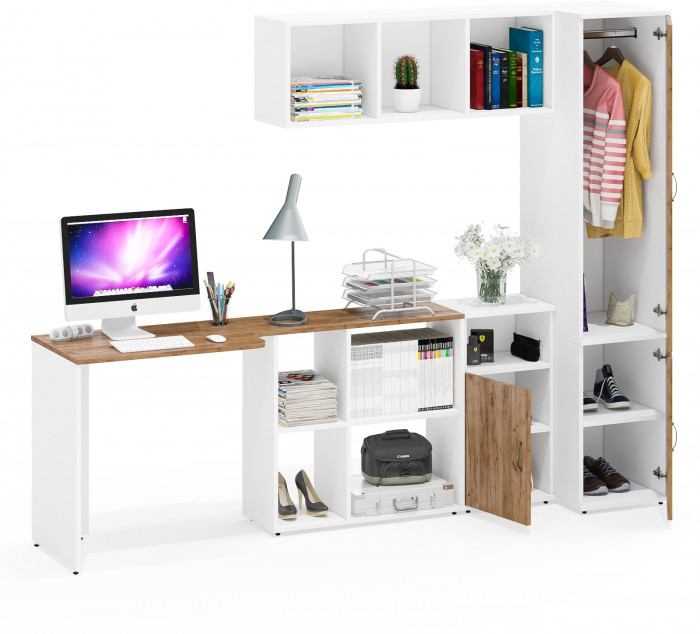 Лидер-8 Стол + Полка + Тумба МД 3.19 + Пенал МД 23Б, цвет белый шагрень/крафт золото, ШхГхВ 245х50х75/190 или 115х160/50х75/190 см., НЕ ун. сб.