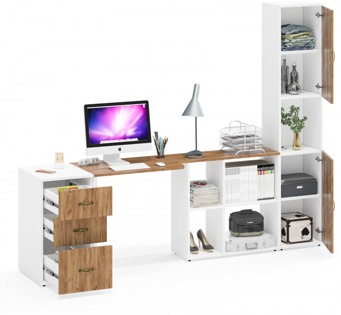 Лидер-8 Стол + Тумба МД 3.16 + Пенал, цвет белый шагрень/крафт золото, ШхГхВ 245х50/30х75/190 см. или 115х50/160х75/190 см., НЕ универсальная сборка