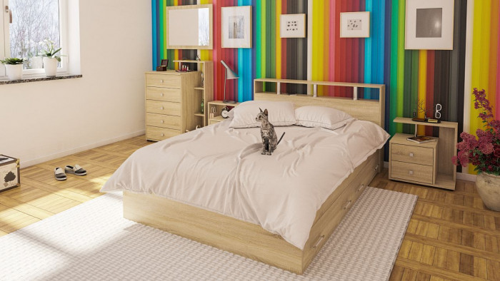 Камелия спальня № 12 Кровать с ящиками 1400 + Две тумбы + Комод + Зеркало, цвет дуб сонома, сп.м. 1400х2000 мм., б/м, основание есть