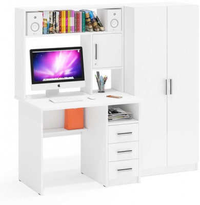 Стол компьютерный С-МД-СК9+Шкаф С-МД-СК9Ш, цвет белый шагрень, ШхГхВ 172х70х160 см., НЕ универсальная сборка