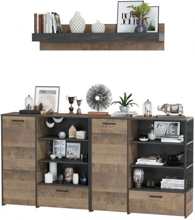 Трувор Гостиная 001, цвет дуб гранж песочный/интра, ШхГхВ 218х36,9х195 см., универсальная сборка