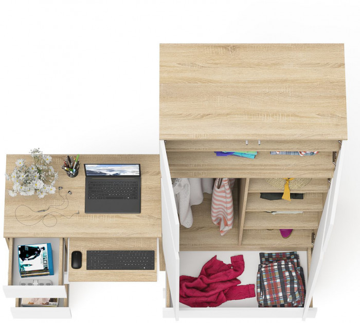 Мори Стол компьютерный МС-6 левый + Шкаф МШ900.1 + Антресоль МА900.1, цвет дуб сонома/белый, ШхГхВ 180,4х50,4х234,2 см., выдвиж. ящ. слева, НЕ ун. сб.