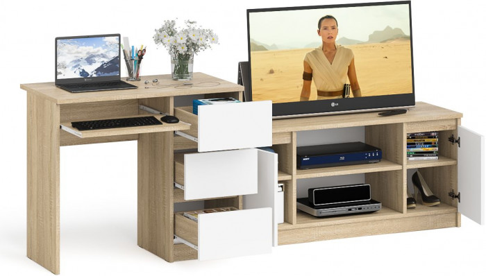 Мори Стол компьютерный МС-6 правый + Тумба МТВ1200.1, цвет дуб сонома/белый, ШхГхВ 210,4х50х76,6 см., выдвижные ящики справа, НЕ универсальная сборка