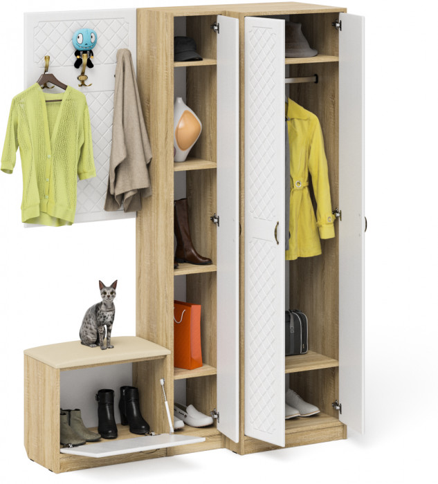 Прихожая П-6 Компоновка № 27, дуб сонома/фасады МДФ белое дерево фрезеровка ромб