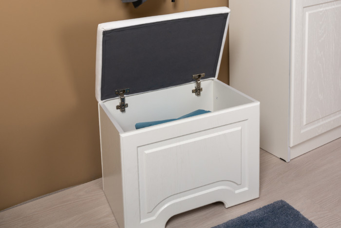 Ливерпуль Прихожая 13.21 + карниз 1000 + Зеркало 03.242 + Пуф 14.02, ясень ваниль/белый