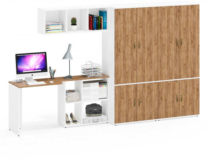 Лидер-8 Стол + Полка + Шкаф МД 19Б + Шкаф МД 19Б, белый шагрень/крафт золото