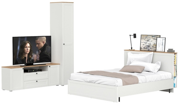 Остин 11.53 Кровать + ортопед + 13.225 Шкаф-пенал + 16.47 Тумба под ТВ, белый шагрень/дуб крафт золотой