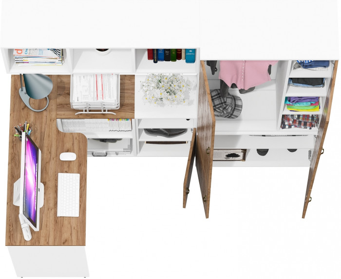 Лидер-8 Стол + Полка + Тумба МД 3.19 + Шкаф МД 20Б, цвет белый шагрень/крафт золото, ШхГхВ 285х50/37,5х75/190 или 115х200/50х75/190 см., НЕ ун. сб.