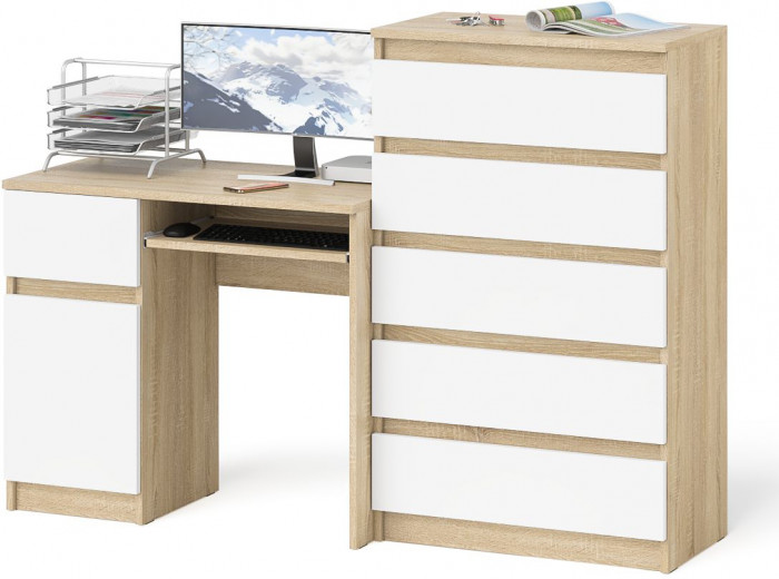 Мори Стол компьютерный МС-1 левый + Комод МК700.5, цвет дуб сонома/белый, ШхГхВ 160,4х50х114 см., выдвижной ящик слева, НЕ универсальная сборка