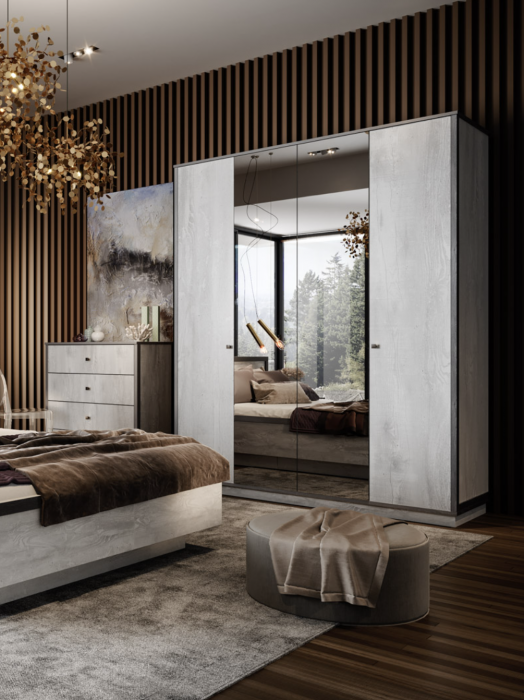 Шкаф 4-х дверный с зеркалом "Тиффани" - Бетон пайн светлый/Дуб шале графит