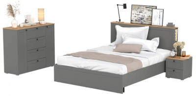 Остин 11.53 Кровать + ортопед + 16.152 Тумба прикроватная + 16.221 Комод, серый графит/дуб крафт золотой