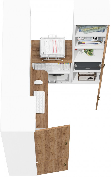 Лидер-8 Пенал МД 21Б + Стол + Полка + Пенал, цвет белый шагрень/крафт золото, ШхГхВ 245х50х75/190 или 155х120/50х75/190 см., НЕ универсальная сборка