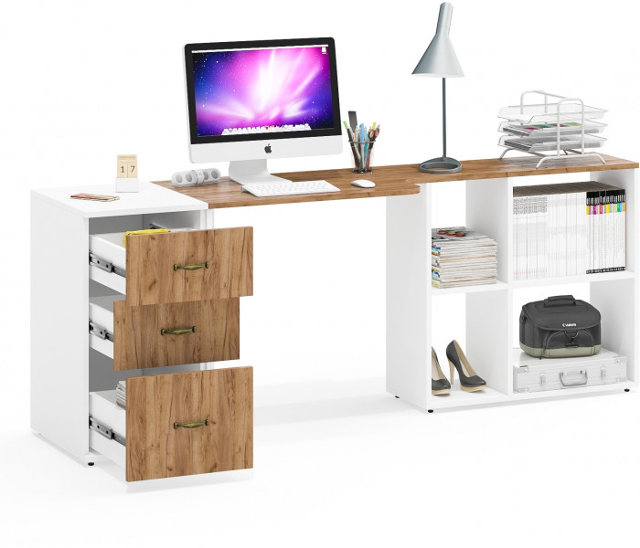 Лидер-8 Стол + Тумба МД 3.16, цвет белый шагрень/крафт золото, ШхГхВ 205х50/30х75 см. или 115х50/120х75 см., НЕ универсальная сборка