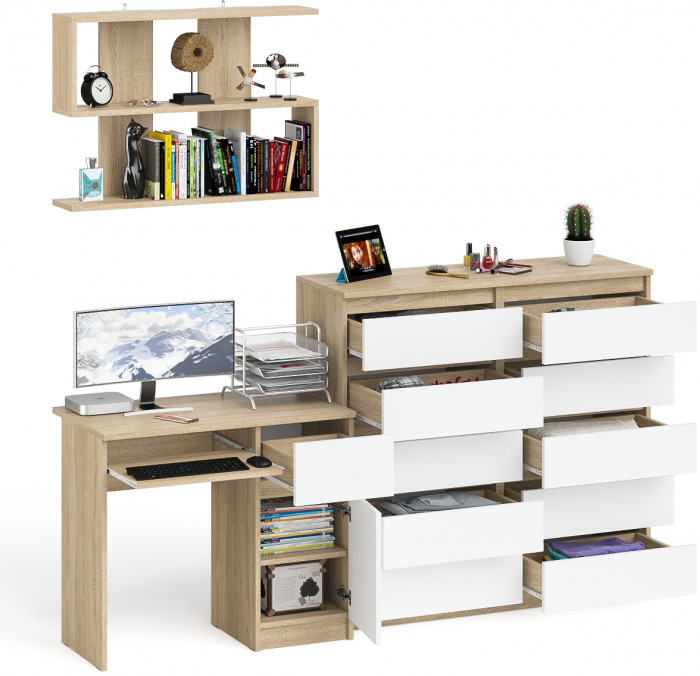 Мори Стол компьютерный МС-1 правый + Комод МК1200.10 + Полка 900, цвет дуб сонома/белый, ШхГхВ 210,4х50х209,6 см., НЕ универсальная сборка