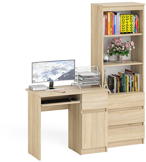 Мори Стол компьютерный МС-1 правый + Стеллаж МСТ600.3, цвет дуб сонома, ШхГхВ 150,4х50х179,6 см., выдвижной ящик справа, НЕ универсальная сборка