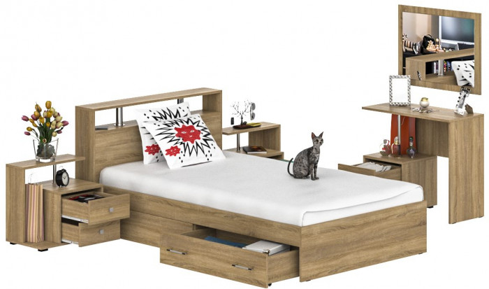 Камелия спальня № 13 Кровать с ящиками 1200 + Две тумбы + Стол косметич. + Зеркало, цвет дуб сонома, сп.м. 1200х2000 мм., б/м, основание есть