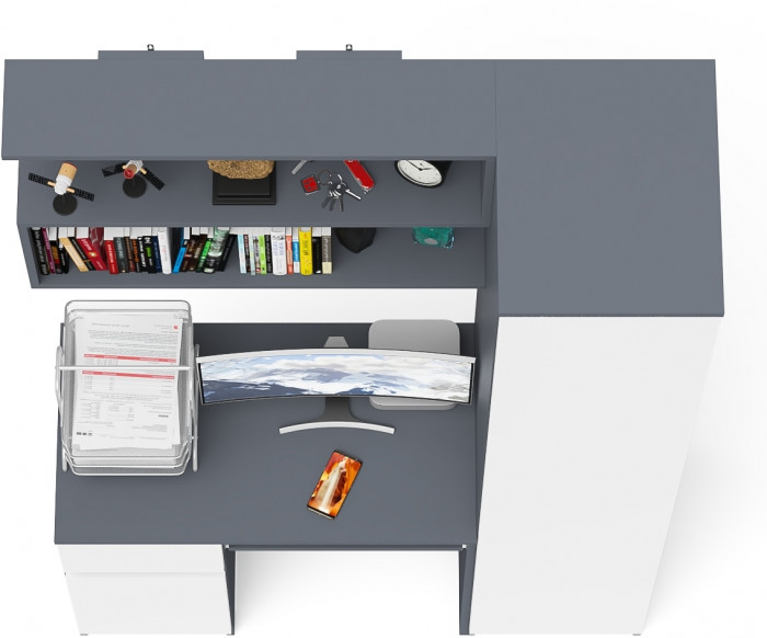 Мори Стол компьютерный МС-1 левый + Пенал МШ400.1 + Полка 900, цвет графит/белый, ШхГхВ 130,4х50,4х209,6 см., НЕ универсальная сборка