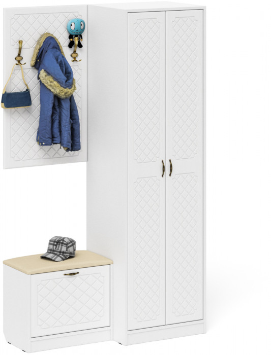 Прихожая П-6 Компоновка № 12, цвет белая шагрень/фасады МДФ белое дерево фрезеровка ромб, ШхГхВ 120х50х210 см., универсальная сборка