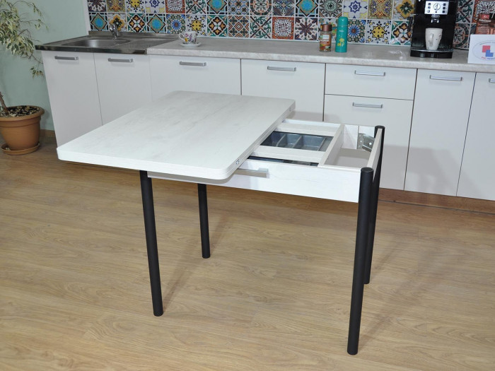 Симпл стол обеденный раскладной с ящиком / бетон белый/черный