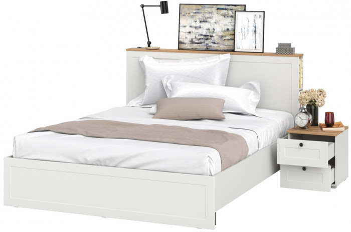 Остин 11.53 Кровать + ортопед + 16.152 Тумба прикроватная, белый шагрень/дуб крафт золотой