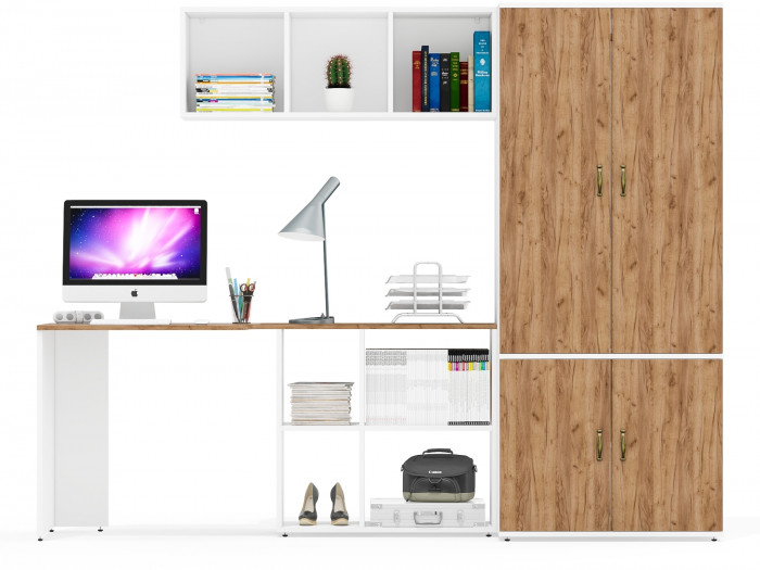 Лидер-8 Стол + Полка + Шкаф МД 19Б, цвет белый шагрень/крафт золото, ШхГхВ 245х50х75/190 или 115х160/50х75/190 см., НЕ универсальная сборка