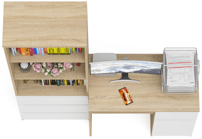 Мори Стол компьютерный МС-1 правый + Стеллаж МСТ600.3, цвет дуб сонома/белый, ШхГхВ 150,4х50х179,6 см., выдвижной ящик справа, НЕ универсальная сборка