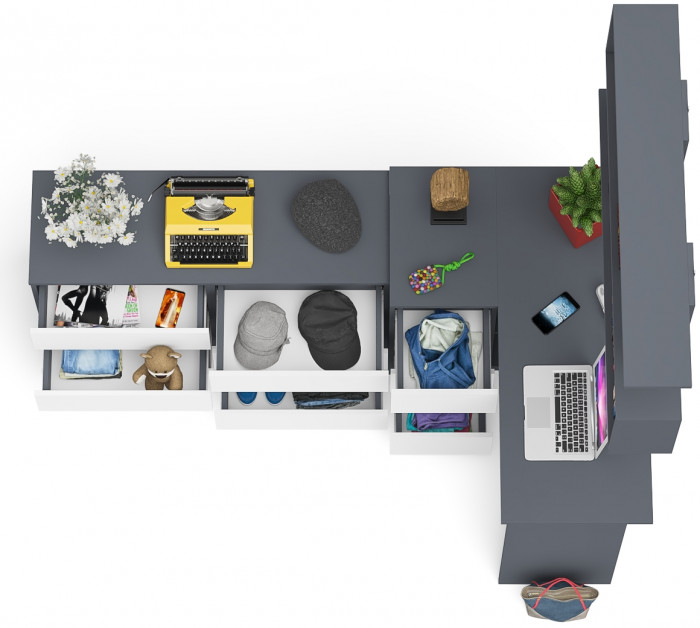 Мори компьютерный стол МС-16 левый + Комод МК1200.6 + Полка 1200, графит/белый