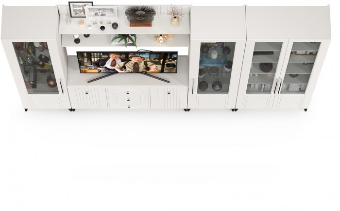 Валенсия Гостиная № 109, цвет ЛДСП белый шагрень/МДФ белый шагрень, ШхГхВ 327,3х38,4х225,2 см., ниша для ТВ 133х38х90 см., универсальная сборка