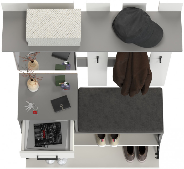 Лира ГК Прихожая 1 2-0714+2-3814 Тумба под обувь + Вешалка с зеркалом, графит/белый