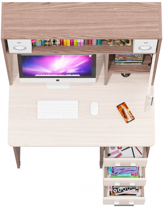 Стол компьютерный С-МД-СК9, цвет ясень шимо светлый/ясень шимо тёмный, ШхГхВ 102х70х160 см., ниша под монитор 65х70х57 см., НЕ универсальная сборка