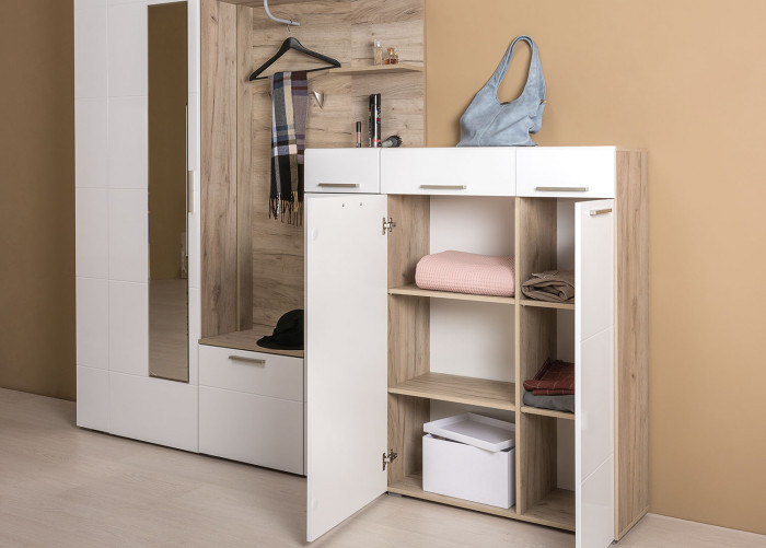 Лайн Прихожая № 09, цвет дуб крафт серый/фасады МДФ белый глянец, ШхГхВ 201,8х35,1х210 см., НЕ универсальная сборка