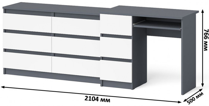 Мори компьютерный стол МС-6 левый + Комод МК1200.6, графит/белый