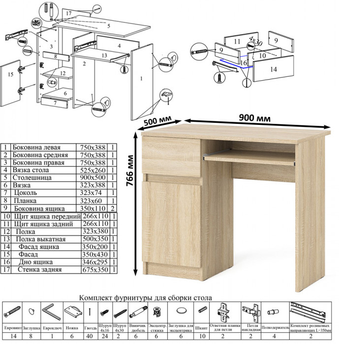 Мори компьютерный стол МС-1 левый + Комод МК1600.1 + Полка 900, дуб сонома