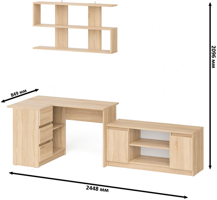 Мори компьютерный стол МС-16 левый + Тумба МТВ1200.1 + Полка 1200, дуб сонома