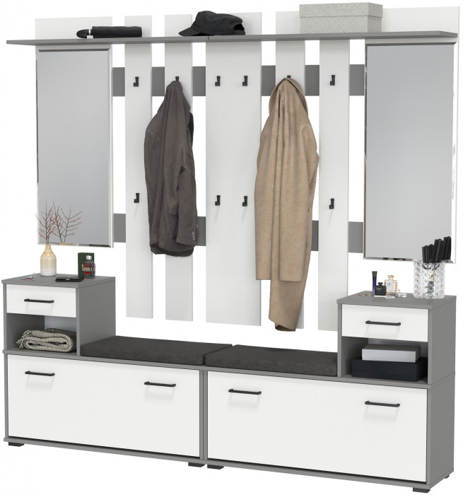 Лира ГК Прихожая 2 Два х Тумба под обувь + Два х Вешалка с зеркалом, графит/белый