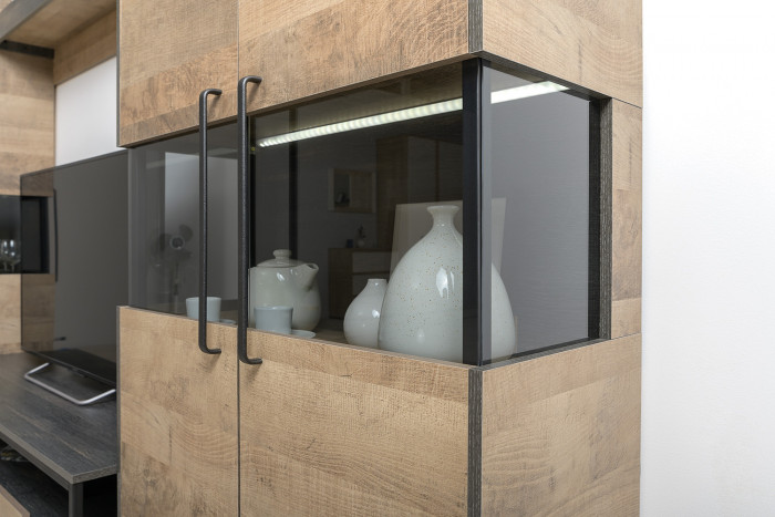 Трувор Гостиная 007, цвет дуб гранж песочный/интра, ШхГхВ 151,8х37х195 см., универсальная сборка, есть светодиодная подсветка