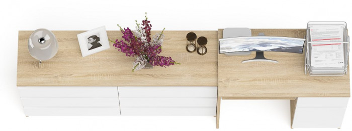 Мори компьютерный стол МС-1 правый + Комод МК1380.6, дуб сонома/белый