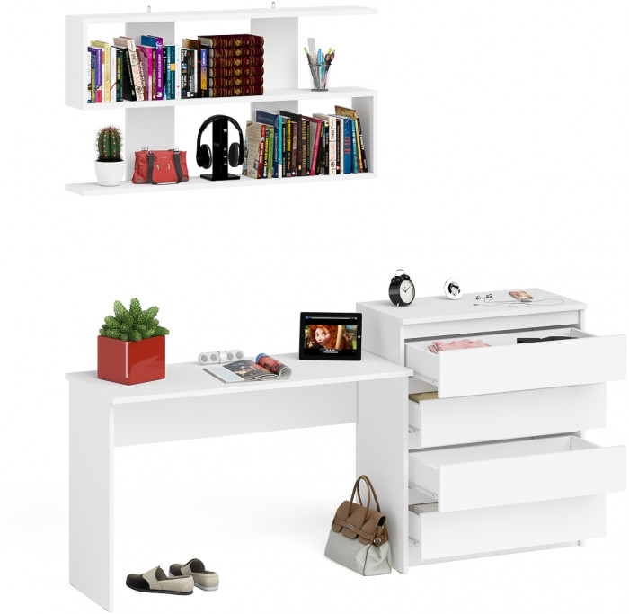 Мори письменный стол МСП1200.1 + Комод МК800.4 + Полка 1200, белый