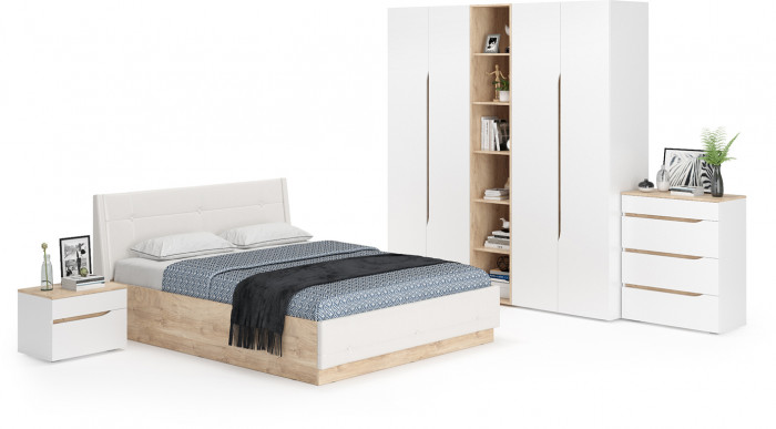 Муссон Спальня № 05, цвет белый/дуб эндгрейн элегантный/искусственная кожа белая, подъёмный ортопед, сп. м. 1600х2000 мм., б/м