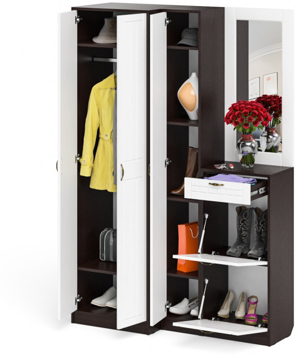Прихожая П-6 Компоновка № 29, цвет венге/фасады МДФ белое дерево фрезеровка прованс, ШхГхВ 140х50х210 см., универсальная сборка
