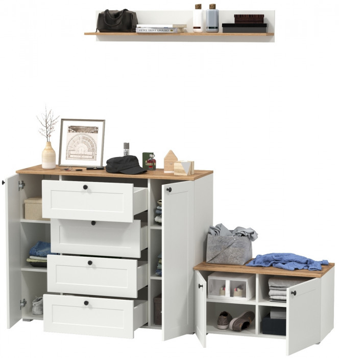 Остин Прихожая 67, цвет белый шагрень/дуб крафт золотой, ШхГхВ 200х41,9х160 см., универсальная сборка