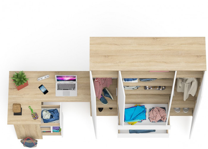 Мори компьютерный стол МС-16 левый + Шкаф МШ1600.1, дуб сонома/белый