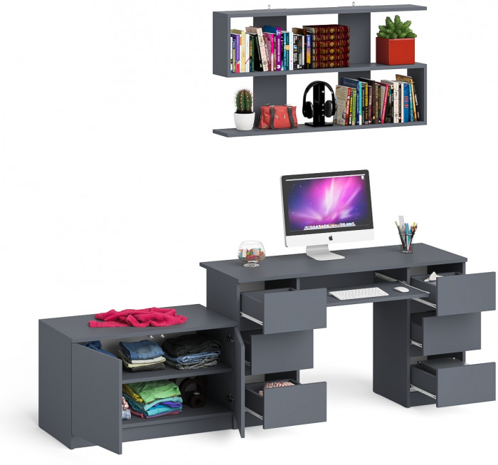 Мори компьютерный стол МС-2 + Тумба МА900.1 + Полка 1200, графит